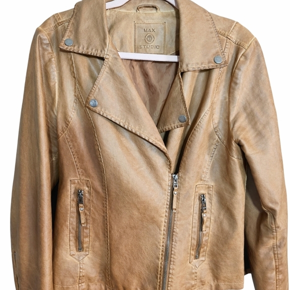 Max Studio Jackets & Blazers - Max Studio Light Brown Faux Leather Moto Biker Jacket Sz Large